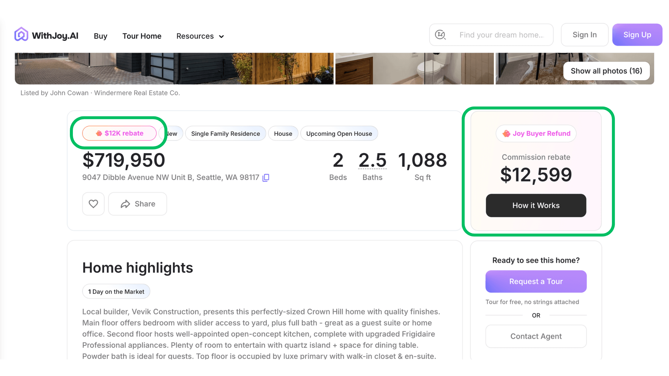 A brokerage website displaying cash rebates on the listing.